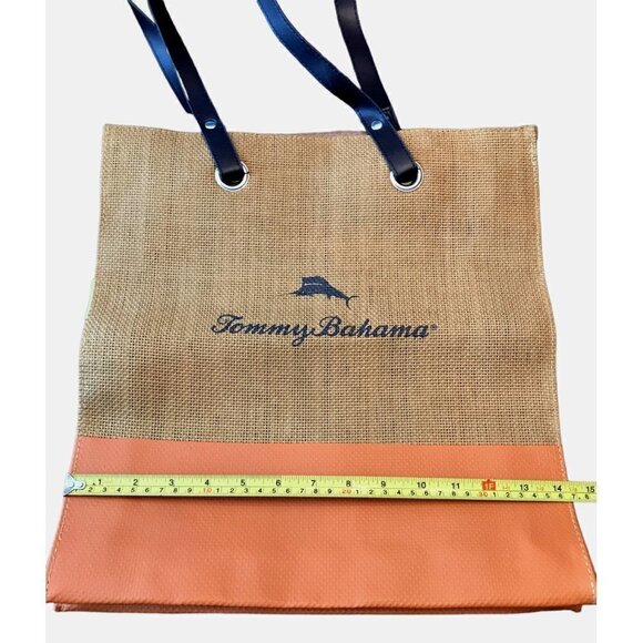 Tommy Bahama Canvas Tan Burlap Beach Shopping Tote Bag Spell Out Logo Orange - Picture 10 of 11